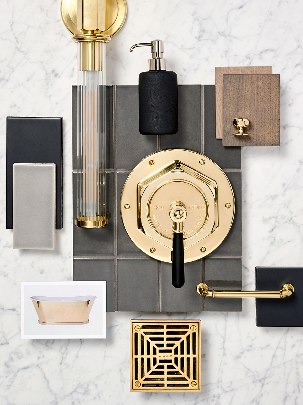 Regulator Thermostatic Trim, Emile Bathtub, Universal Shower Drain, Regulator Double Sconce, Regulator Knob, Regulator Pull, Tela Soap Dispenser, Keystone, architectonics2