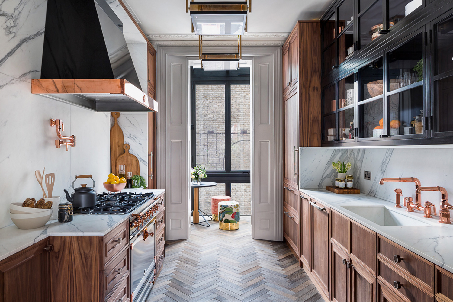 Full Kitchen, Wood Cabinets, Copper Faucet and Pot Filler