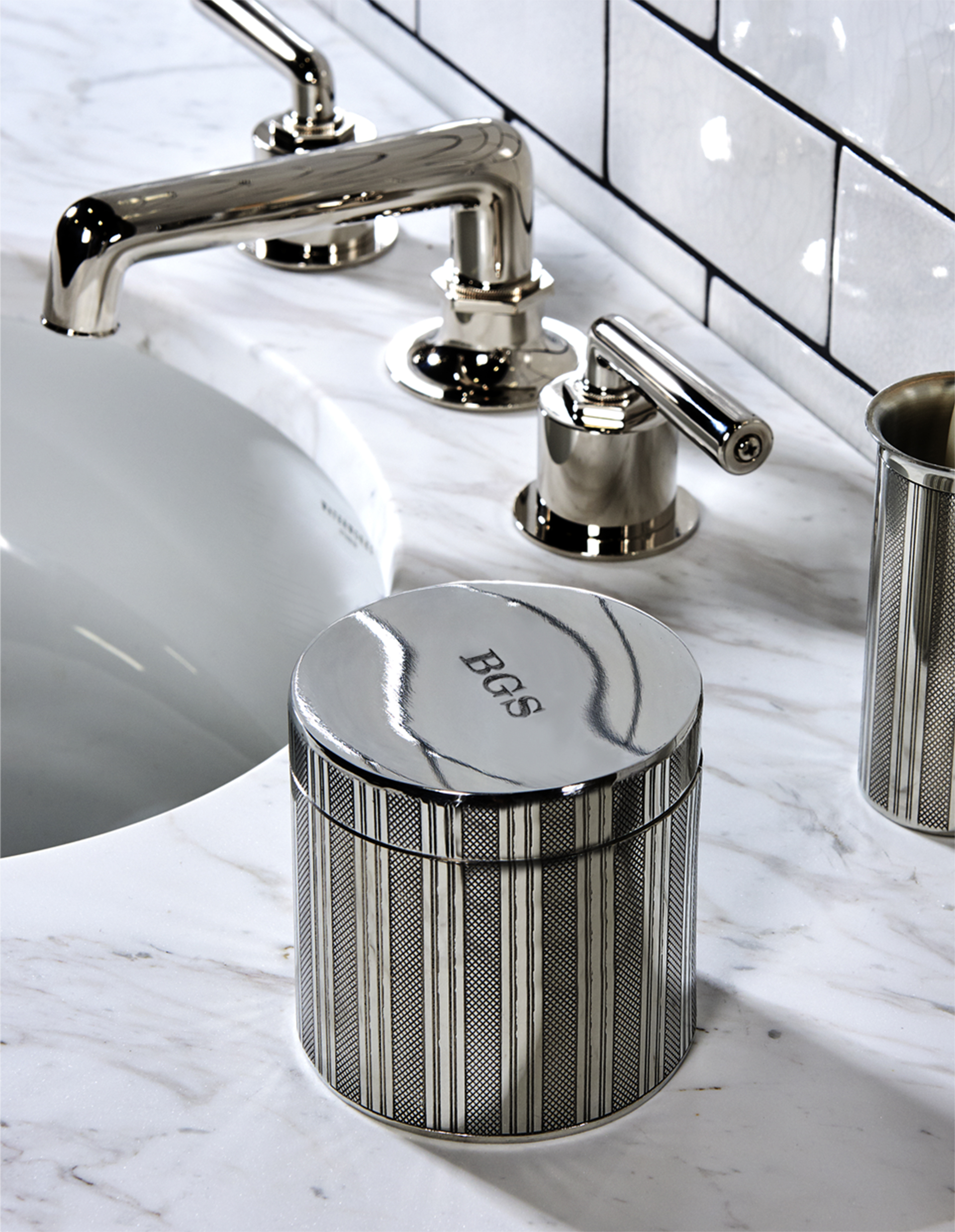 ENGINE TURNED PEWTER ROUND CONTAINER, HENRY GOOSENECK THREE HOLE DECK MOUNTED LAVATORY FAUCET WITH METAL LEVER HANDLES