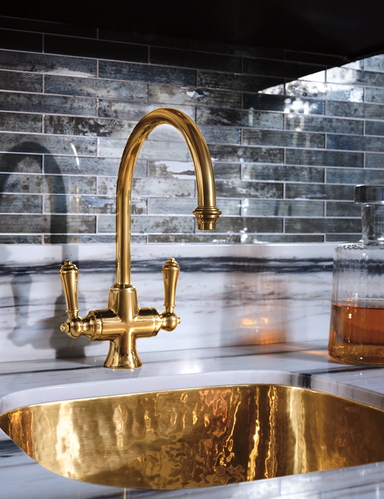 Calais Kitchen Faucet and Normandy Hammered Copper Sink